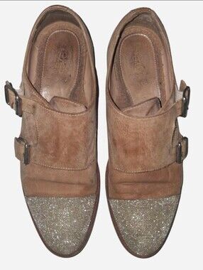 The Office of Angela Scott Tan Leather Double Monk Strap, Glitter Sparkle Toe